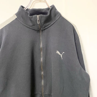 古着 used　PUMA プーマ　長袖フルジップスウェット　パーカー　ハイネック　バイカラー　黒　グレー　Lサイズ
