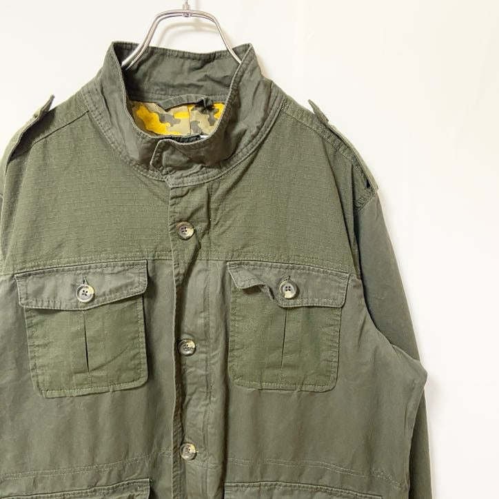 古着 used　CLUB ROOM　長袖ミリタリーシャツジャケット　アウター　カモ裏地　ブルゾン　カーキ　Lサイズ