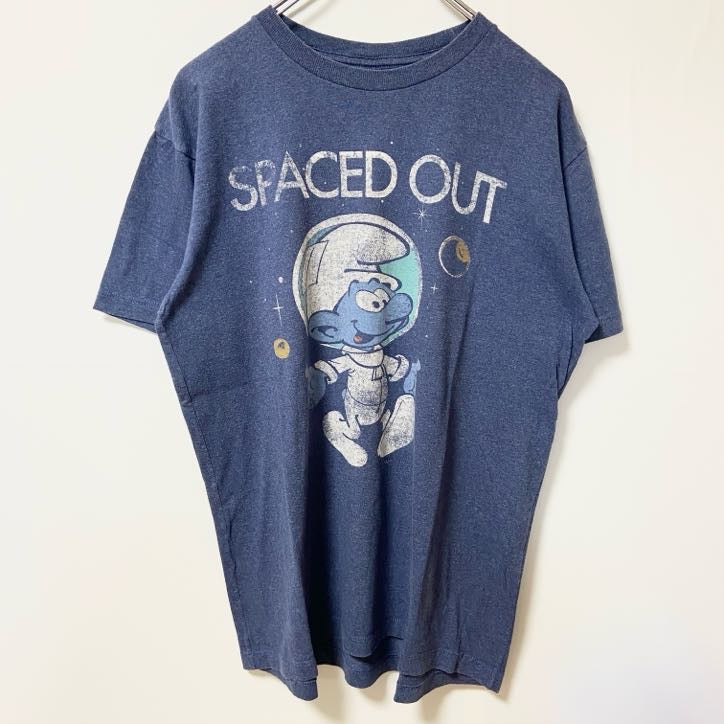 古着 used　SMURF スマーフ　半袖プリントTシャツ　キャラクター　宇宙　クルーネック　ネイビー　レトロデザイン　Mサイズ