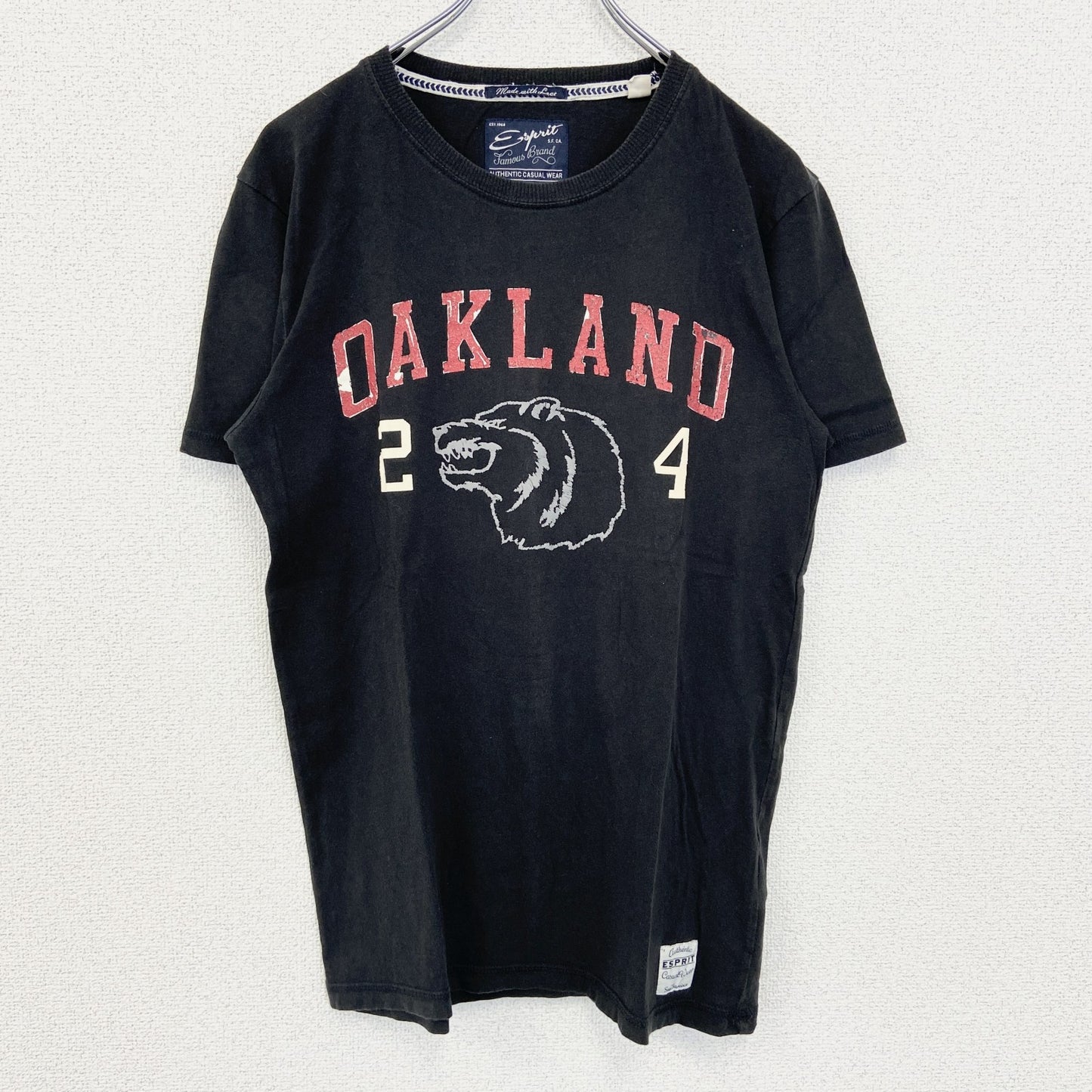 古着 used　Esprit　エスプリ　半袖プリントTシャツ　OAKLAND　ウルフ　カジュアル　黒　クルーネック　Sサイズ