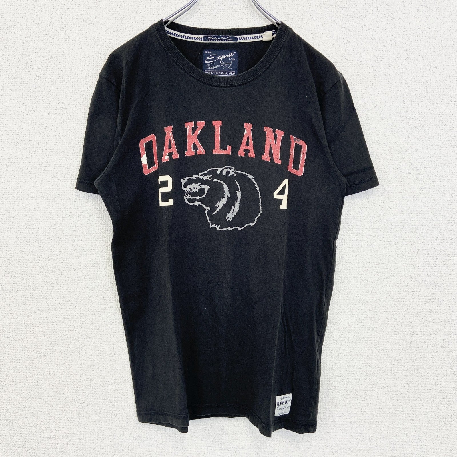 古着 used　Esprit　エスプリ　半袖プリントTシャツ　OAKLAND　ウルフ　カジュアル　黒　クルーネック　Sサイズ