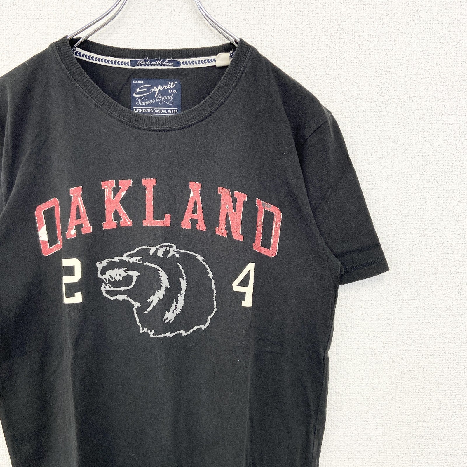 古着 used　Esprit　エスプリ　半袖プリントTシャツ　OAKLAND　ウルフ　カジュアル　黒　クルーネック　Sサイズ