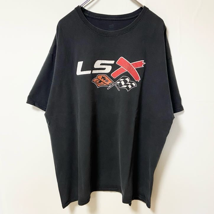 Hanes　ヘインズ　半袖プリントTシャツ　レーシング　両面プリント　レース旗　クルーネック　黒　ブラック　XLサイズ