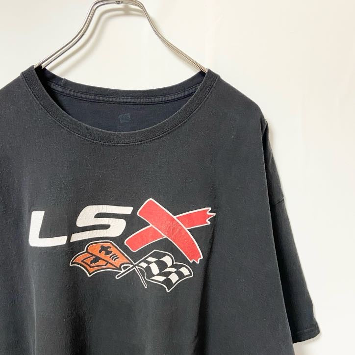 Hanes　ヘインズ　半袖プリントTシャツ　レーシング　両面プリント　レース旗　クルーネック　黒　ブラック　XLサイズ