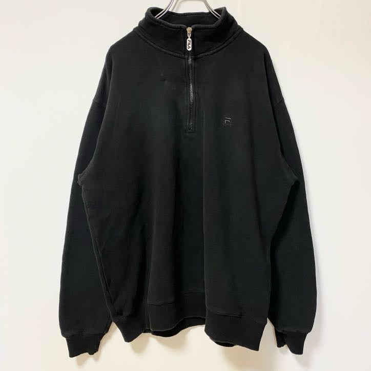 古着 used　FILA フィラ　長袖ハーフジップワンポイントロゴ刺スウェット　パーカー　ハイネック　黒　XLサイズ