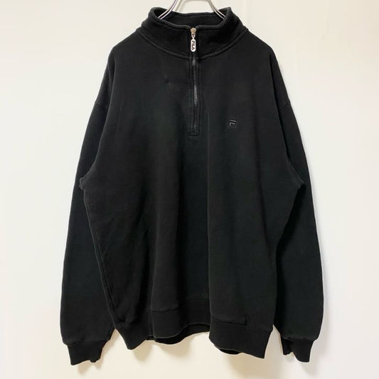 古着 used　FILA フィラ　長袖ハーフジップワンポイントロゴ刺スウェット　パーカー　ハイネック　黒　XLサイズ