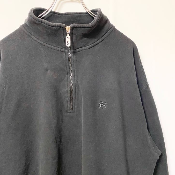 古着 used　FILA フィラ　長袖ハーフジップワンポイントロゴ刺スウェット　パーカー　ハイネック　黒　XLサイズ