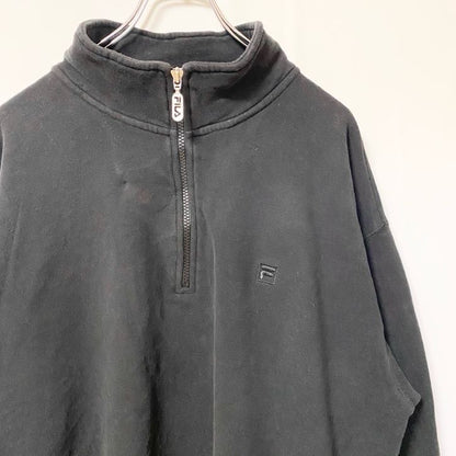 古着 used　FILA フィラ　長袖ハーフジップワンポイントロゴ刺スウェット　パーカー　ハイネック　黒　XLサイズ