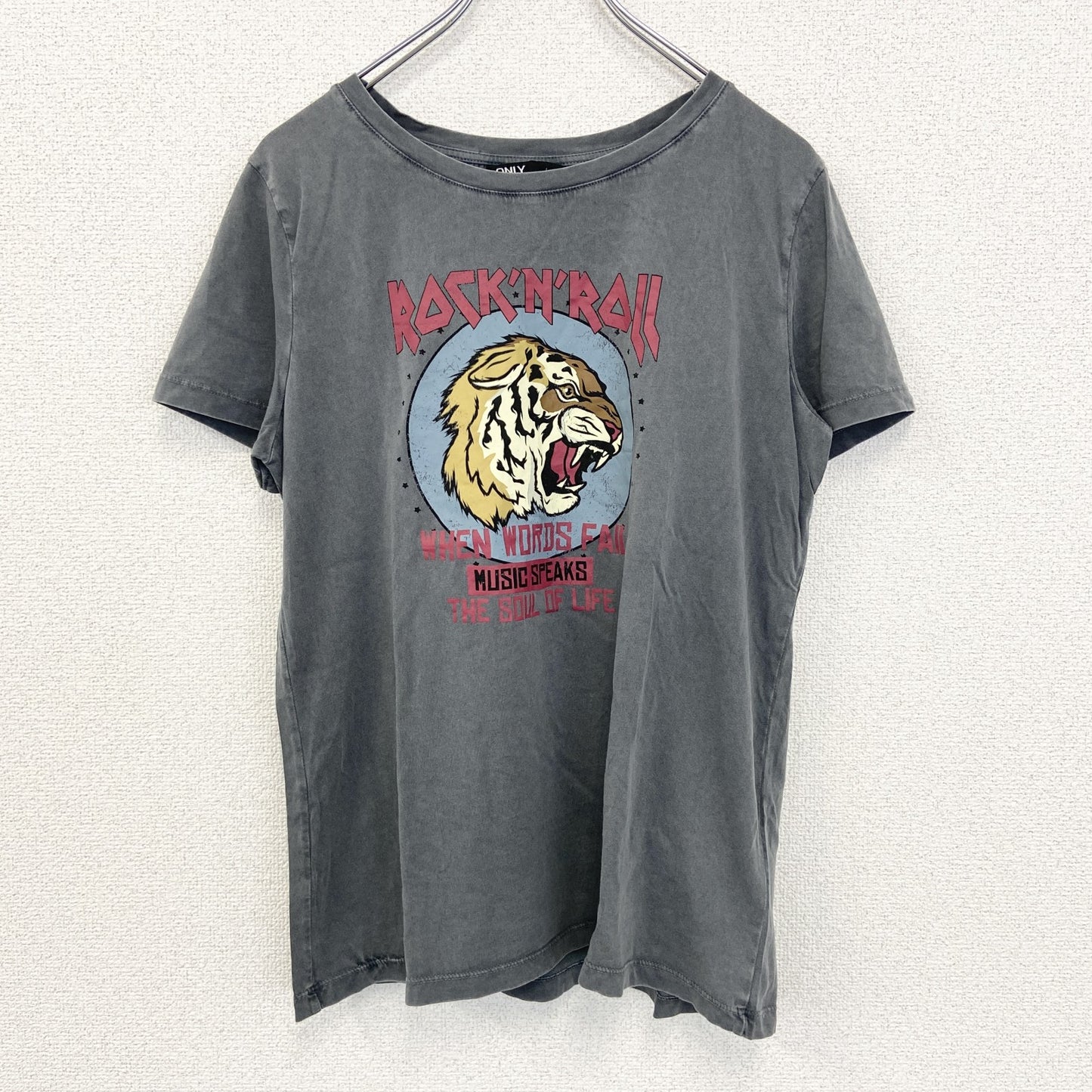 古着 used　ONLY オンリー　半袖プリントTシャツ　ROCK'N'ROLL　タイガー　グレー　クルーネック　レトロ　Lサイズ