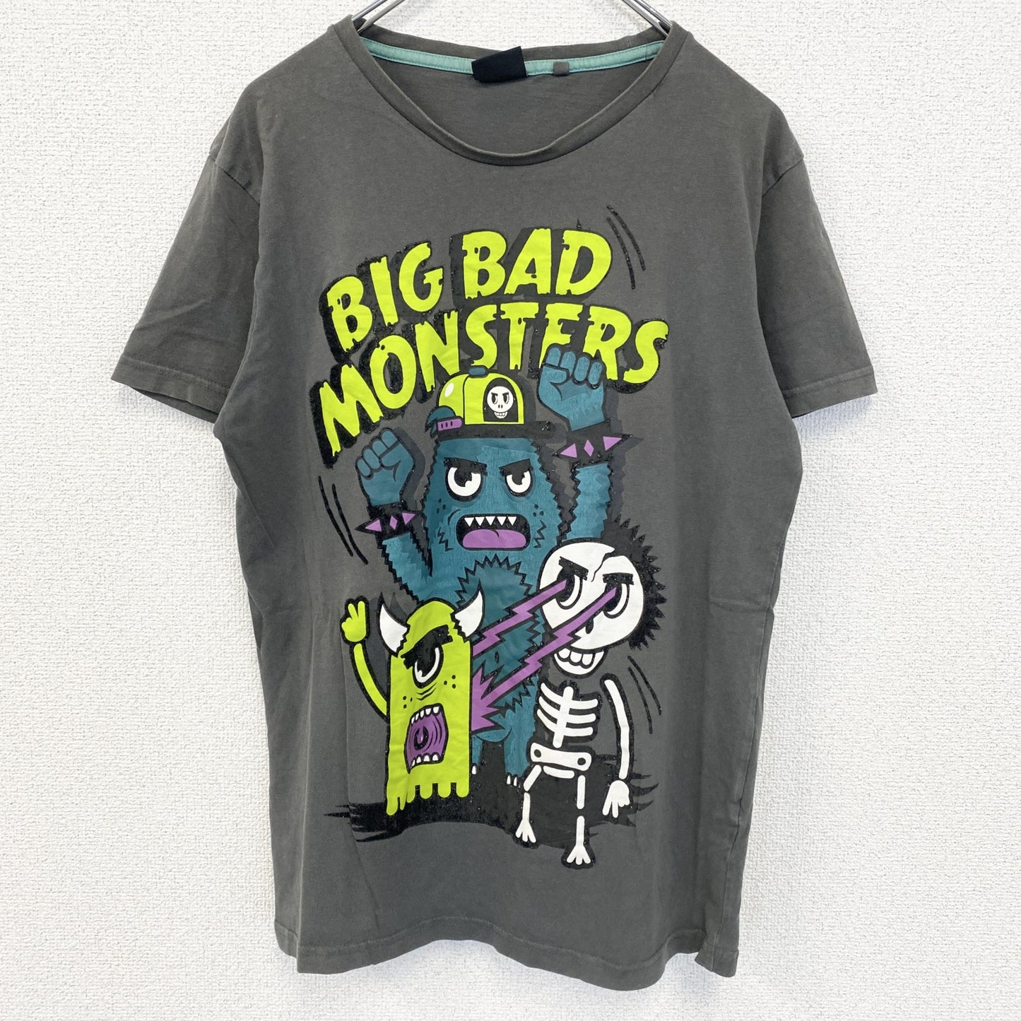FISHBOVE　半袖プリントTシャツ　スカル　骸骨　モンスター　クルーネック　ダークグレー　Lサイズ
