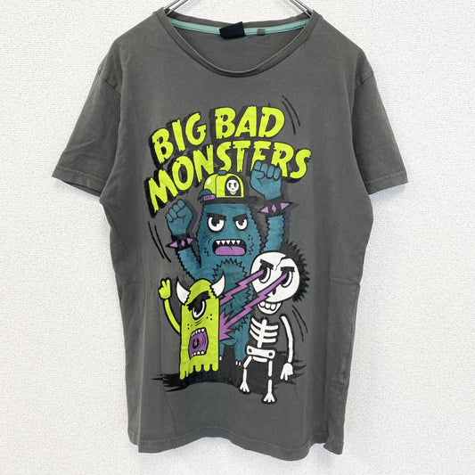 FISHBOVE　半袖プリントTシャツ　スカル　骸骨　モンスター　クルーネック　ダークグレー　Lサイズ