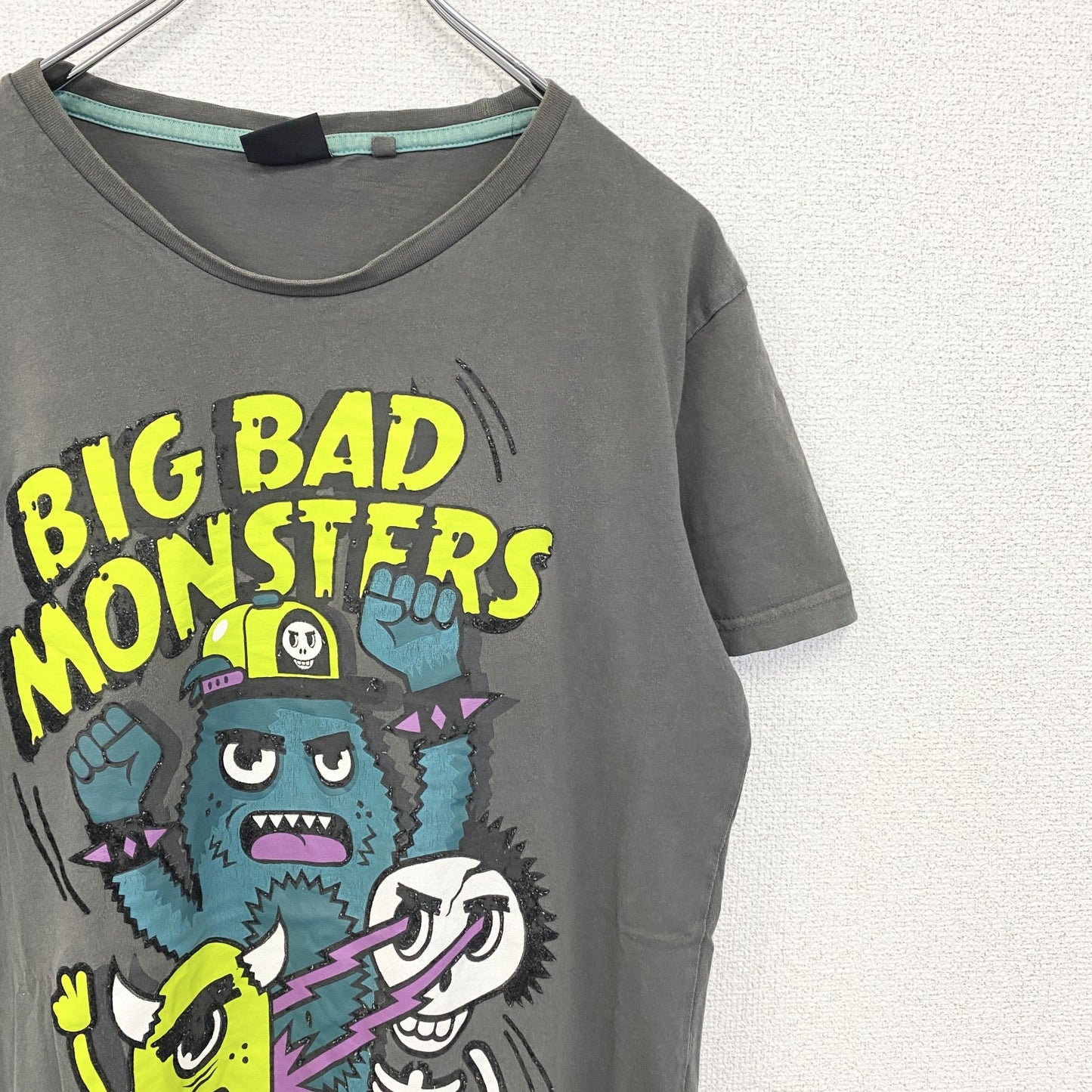 FISHBOVE　半袖プリントTシャツ　スカル　骸骨　モンスター　クルーネック　ダークグレー　Lサイズ