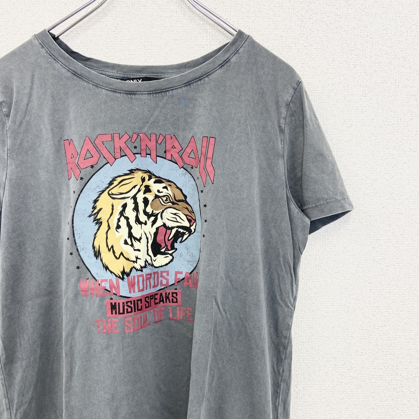 古着 used　ONLY オンリー　半袖プリントTシャツ　ROCK'N'ROLL　タイガー　グレー　クルーネック　レトロ　Lサイズ