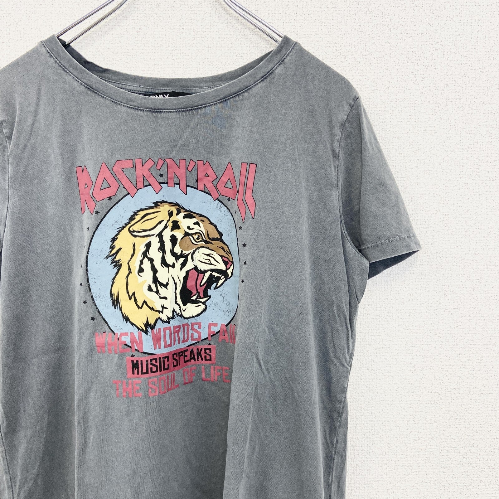 古着 used　ONLY オンリー　半袖プリントTシャツ　ROCK'N'ROLL　タイガー　グレー　クルーネック　レトロ　Lサイズ