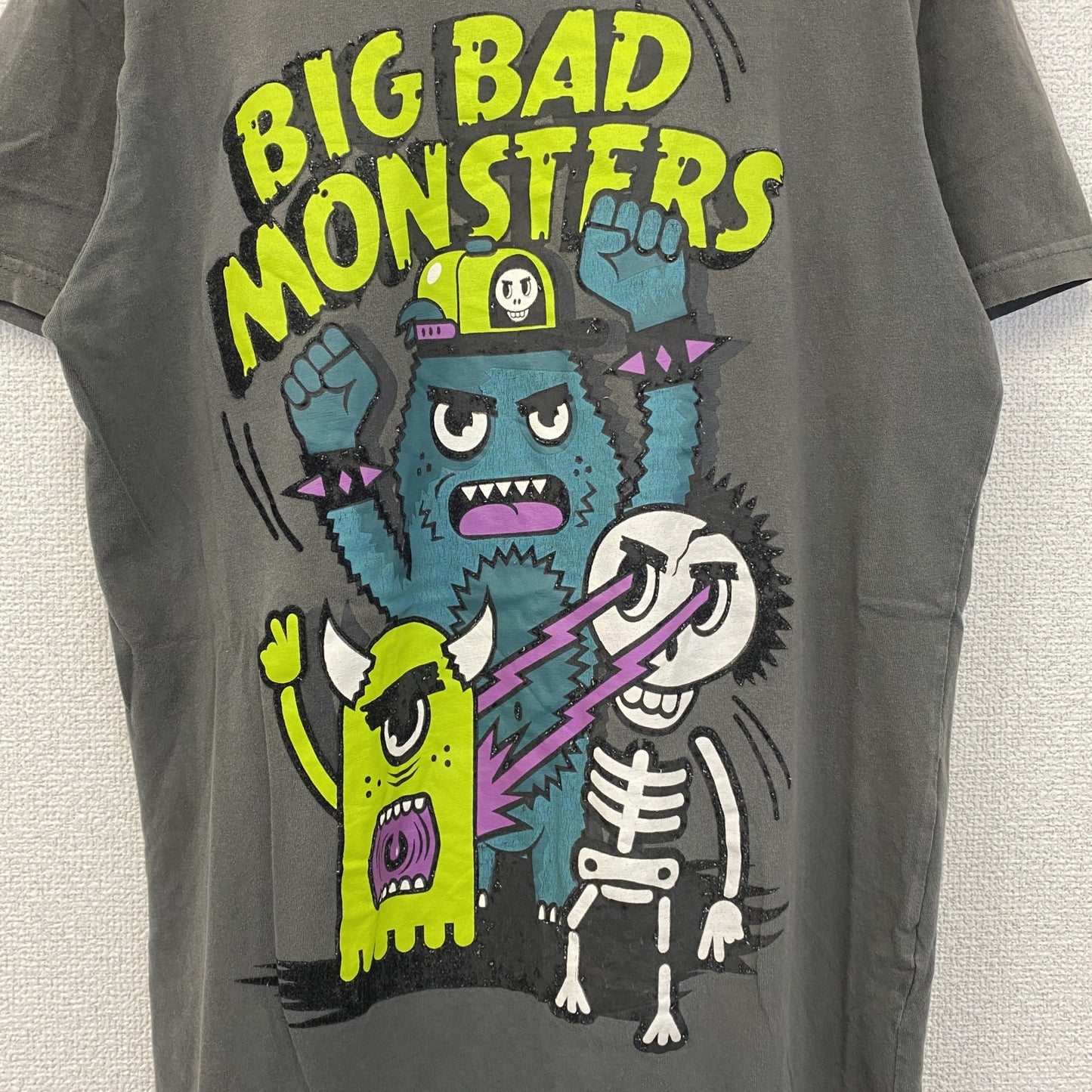 FISHBOVE　半袖プリントTシャツ　スカル　骸骨　モンスター　クルーネック　ダークグレー　Lサイズ