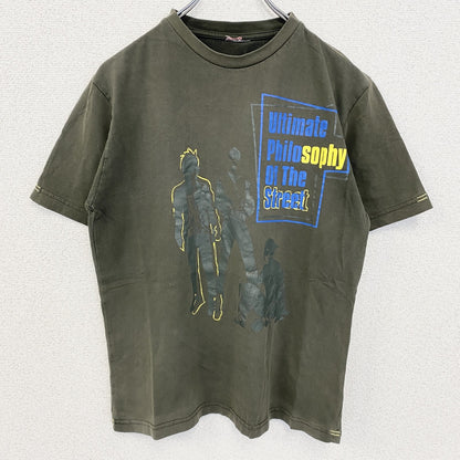 古着 used　半袖プリントTシャツ　デザインTシャツ　ビックプリント　カーキ　クルーネック　Sサイズ