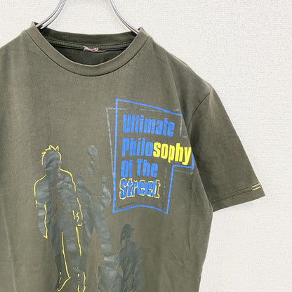 古着 used　半袖プリントTシャツ　デザインTシャツ　ビックプリント　カーキ　クルーネック　Sサイズ