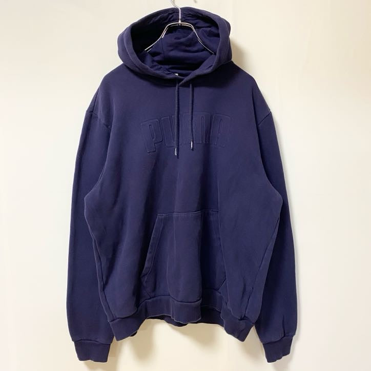 古着 used　PUMA プーマ　長袖ワンポイントロゴデザインパーカー　スウェットフーディ　ネイビー　前ポケット　XLサイズ