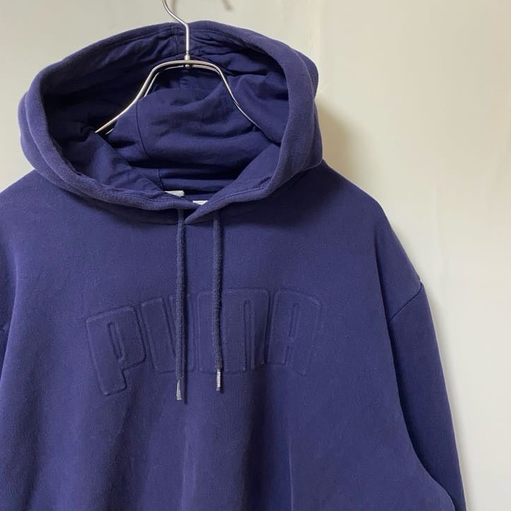 古着 used　PUMA プーマ　長袖ワンポイントロゴデザインパーカー　スウェットフーディ　ネイビー　前ポケット　XLサイズ