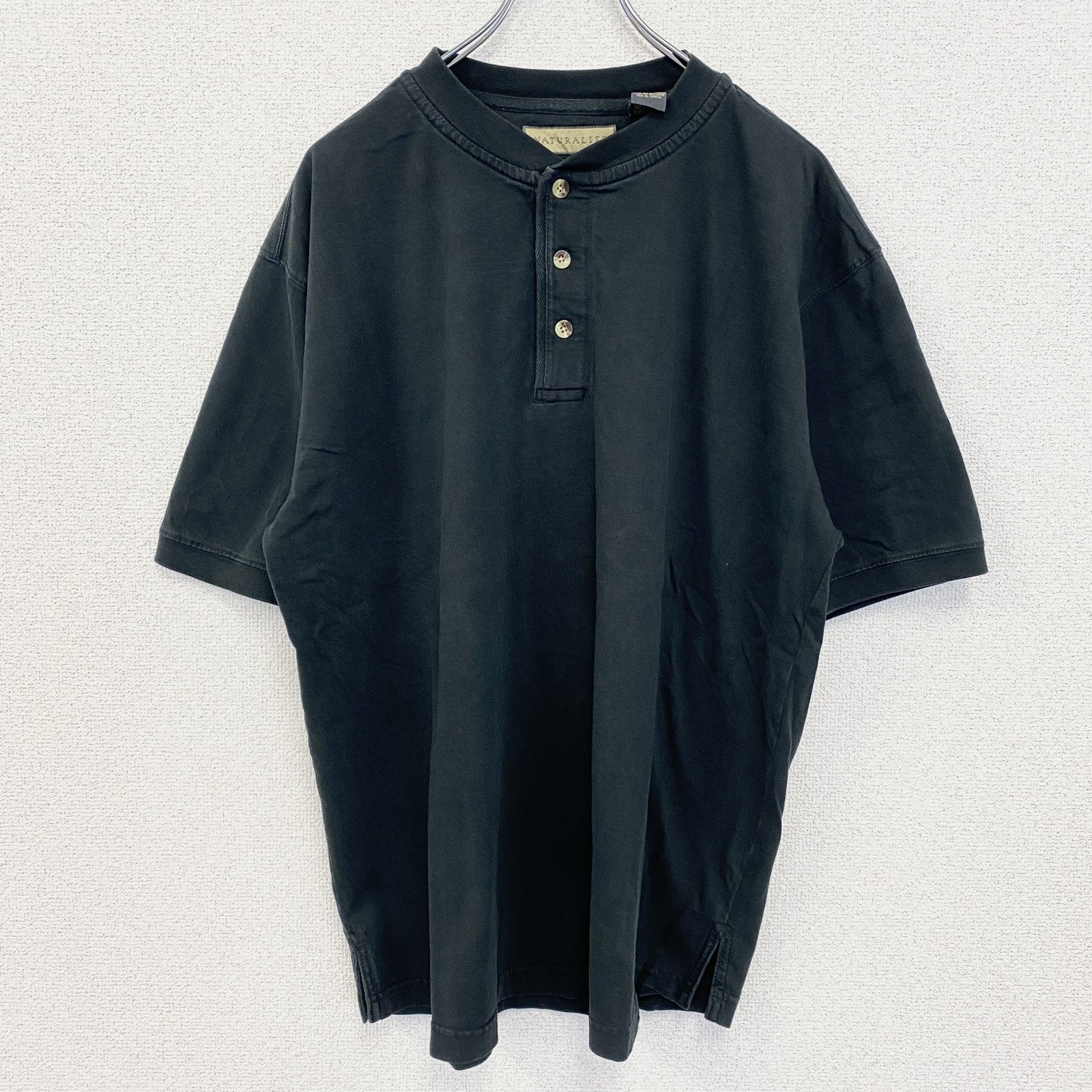 古着 used　NATURALLIFE　半袖ヘンリーネックTシャツ　シンプルデザイン　黒　ブラック　Lサイズ