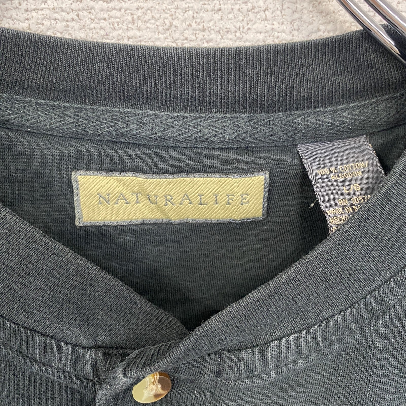 古着 used　NATURALLIFE　半袖ヘンリーネックTシャツ　シンプルデザイン　黒　ブラック　Lサイズ