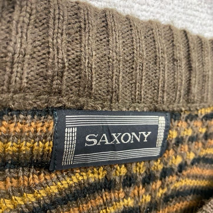 80s　SAXONY　アクリルニットセーター　レザーニットセーター　ヴィンテージ　茶色　ブラウン　XLサイズ
