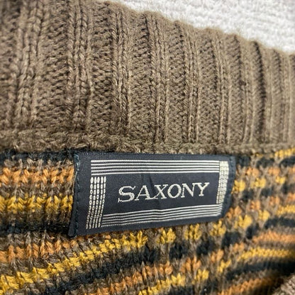 80s　SAXONY　アクリルニットセーター　レザーニットセーター　ヴィンテージ　茶色　ブラウン　XLサイズ