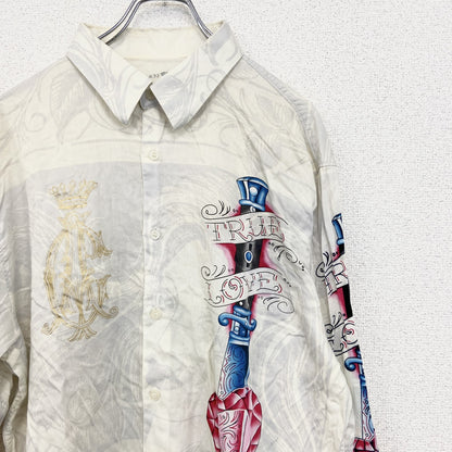 古着 used　CHRISTIAN AUDIGIER　長袖プリント柄シャツ　アメリカントラディショナルデザイン　白　XLサイズ