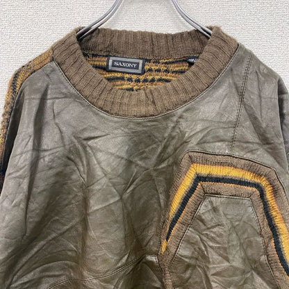 80s　SAXONY　アクリルニットセーター　レザーニットセーター　ヴィンテージ　茶色　ブラウン　XLサイズ