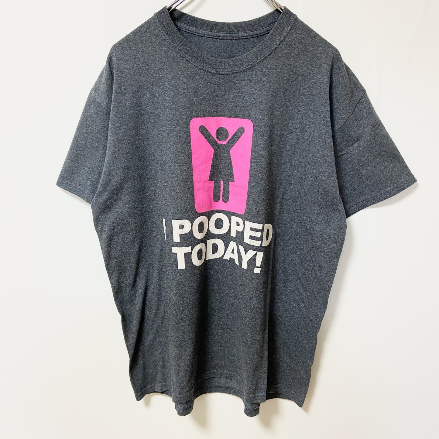 古着 used　I POOPED TODAY！　半袖プリントTシャツ　グレー　クルーネック　個性的　おもしろ　ギャグT　Mサイズ