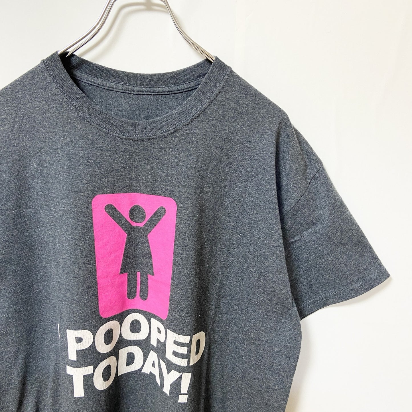 古着 used　I POOPED TODAY！　半袖プリントTシャツ　グレー　クルーネック　個性的　おもしろ　ギャグT　Mサイズ