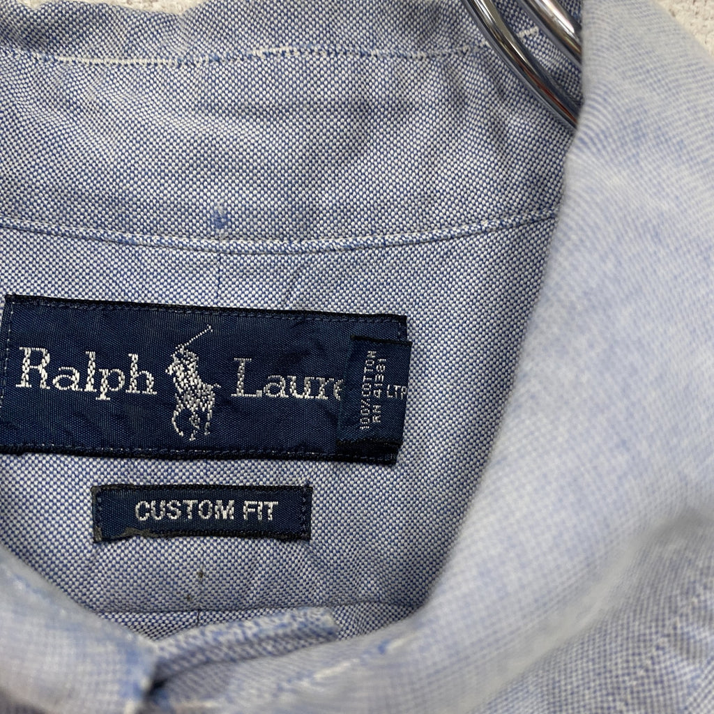 RALPH LAUREN　ラルフローレン　CUSTOM FIT　半袖ボタンダウンシャツ　刺繍ロゴ　ワンポイント　水色　ブルー　Mサイズ