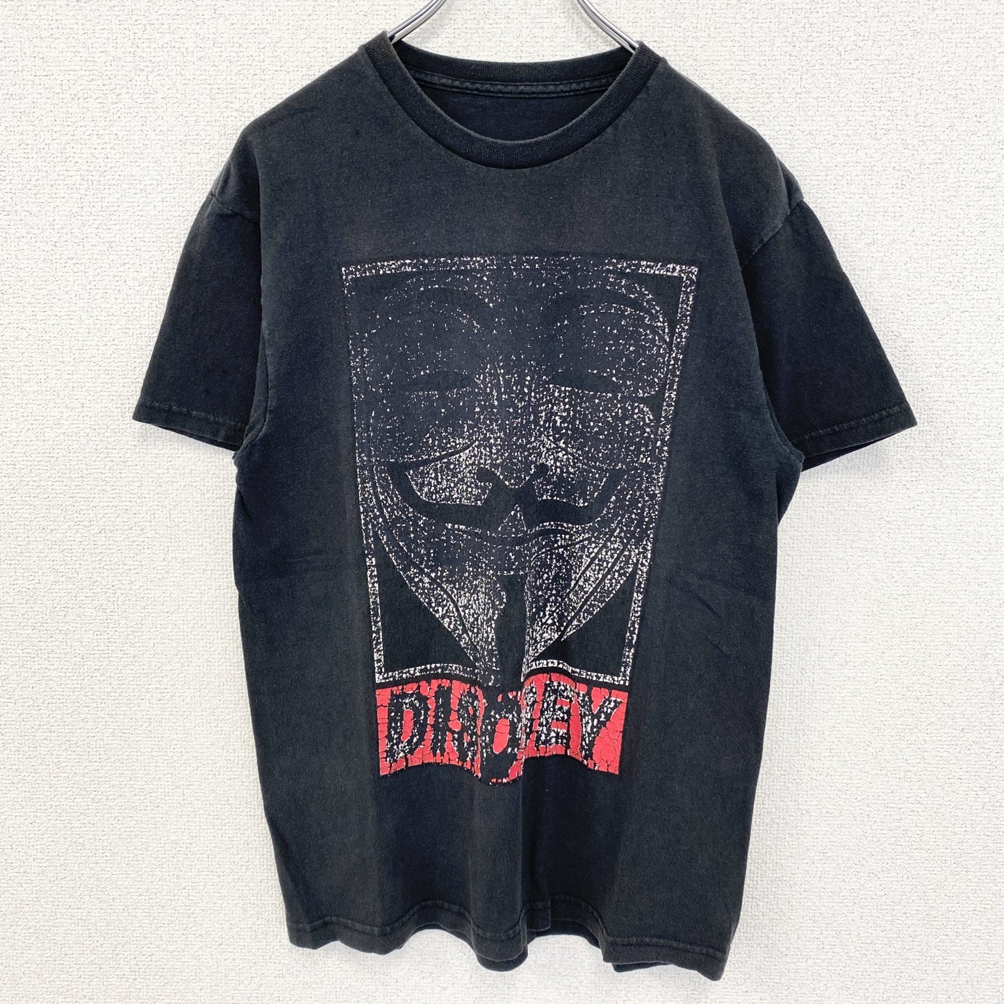 古着 used　DISOBEY　ガイ・フォークス　半袖デザインプリントTシャツ　黒　ブラック　クルーネック