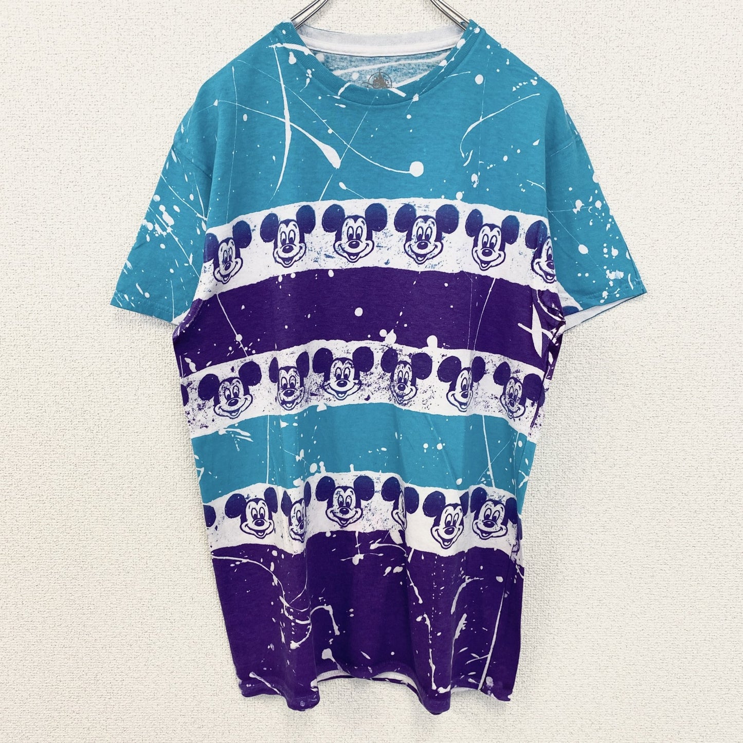 古着 used　Disney　ディズニー　半袖公式キャラクタープリントTシャツ　Mickey　ミッキーマウス　水色　紫　Mサイズ