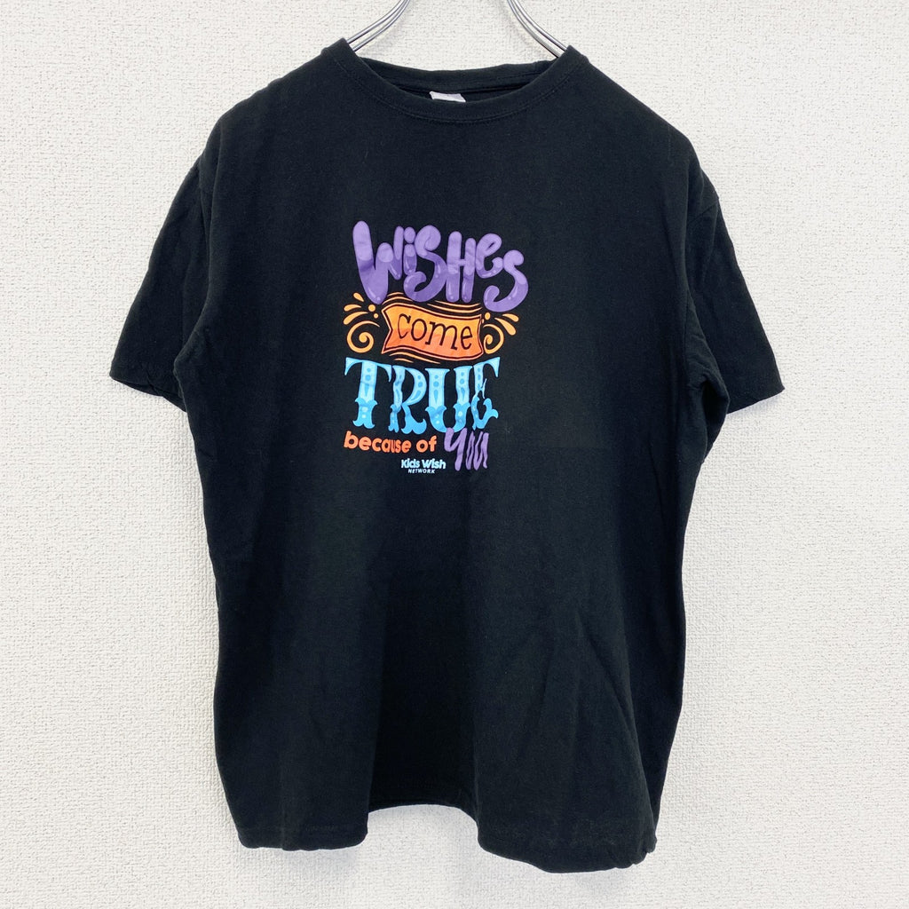 古着 used　ノーブランド　半袖プリントTシャツ　カラフル文字デザイン　クルーネック　黒　ブラック　レトロ　Lサイズ　