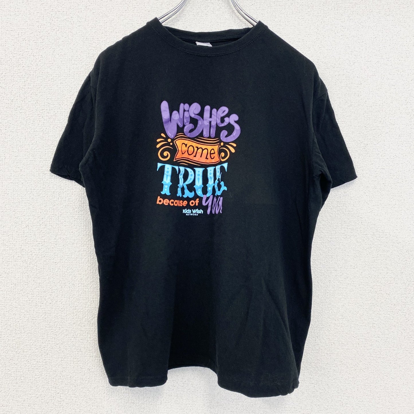 古着 used　ノーブランド　半袖プリントTシャツ　カラフル文字デザイン　クルーネック　黒　ブラック　レトロ　Lサイズ　