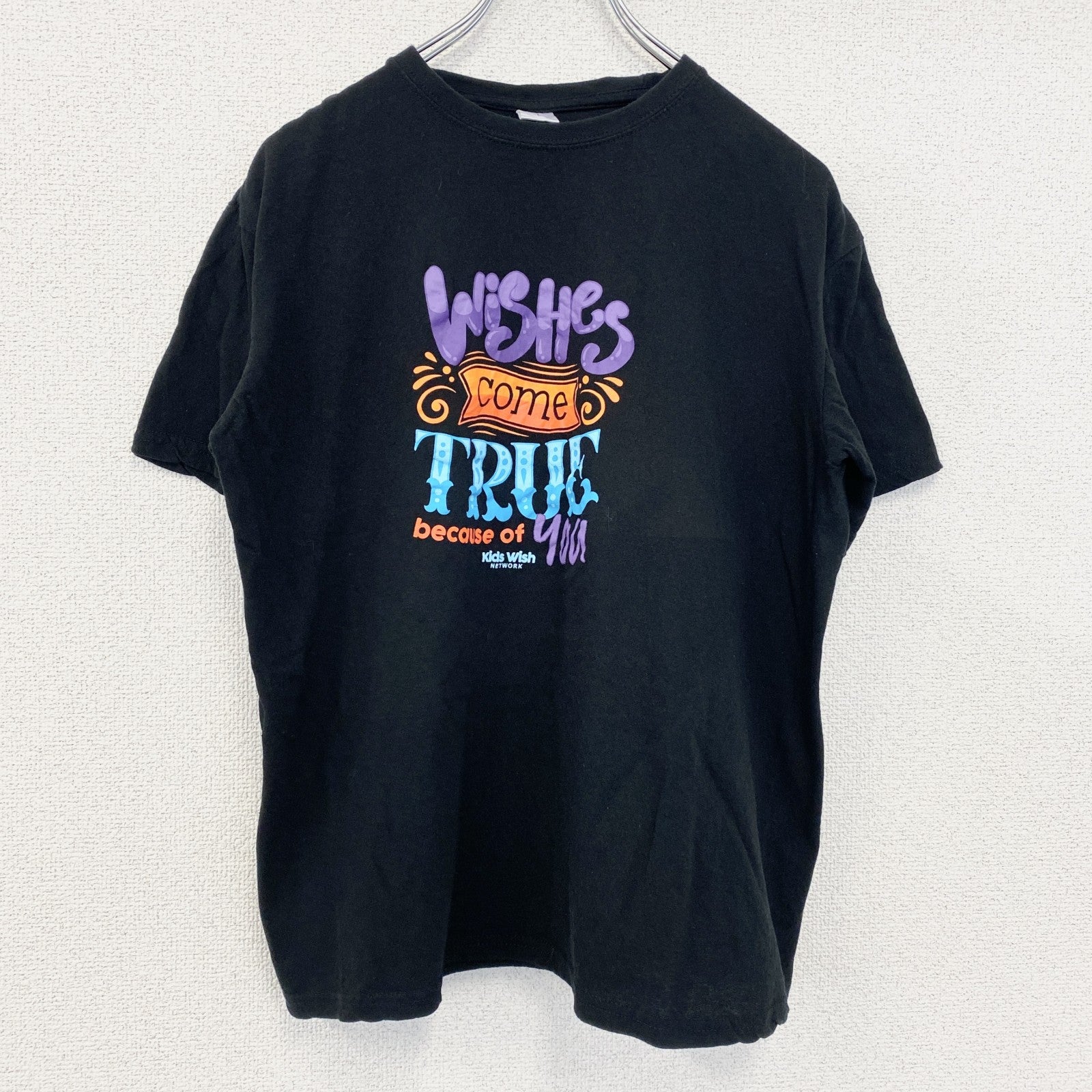 古着 used　ノーブランド　半袖プリントTシャツ　カラフル文字デザイン　クルーネック　黒　ブラック　レトロ　Lサイズ　