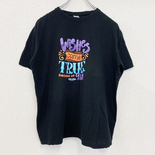 古着 used　ノーブランド　半袖プリントTシャツ　カラフル文字デザイン　クルーネック　黒　ブラック　レトロ　Lサイズ　