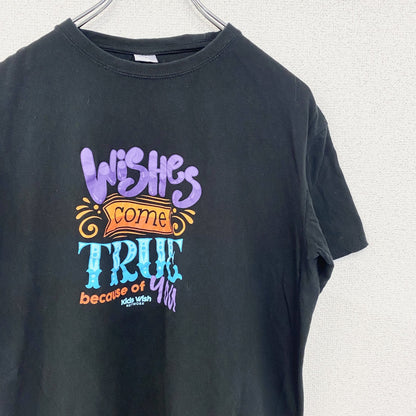 古着 used　ノーブランド　半袖プリントTシャツ　カラフル文字デザイン　クルーネック　黒　ブラック　レトロ　Lサイズ　