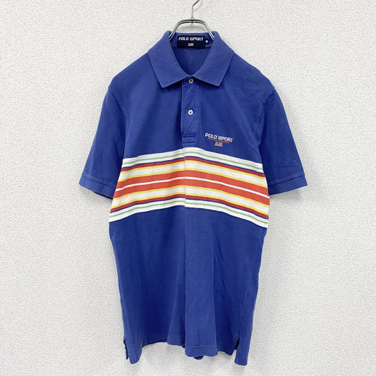 90s　POLO SPORT　ポロスポーツ　半袖ポロシャツ　星条旗　刺繍ロゴ　ワンポイント　ボーダー柄　青　ブルー　Mサイズ