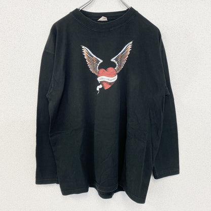 古着 used　ノーブランド　長袖デザインTシャツ　ハートエンジェル　カジュアル　クルーネック　黒　ブラック　レトロ　Lサイズ