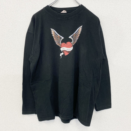 古着 used　ノーブランド　長袖デザインTシャツ　ハートエンジェル　カジュアル　クルーネック　黒　ブラック　レトロ　Lサイズ