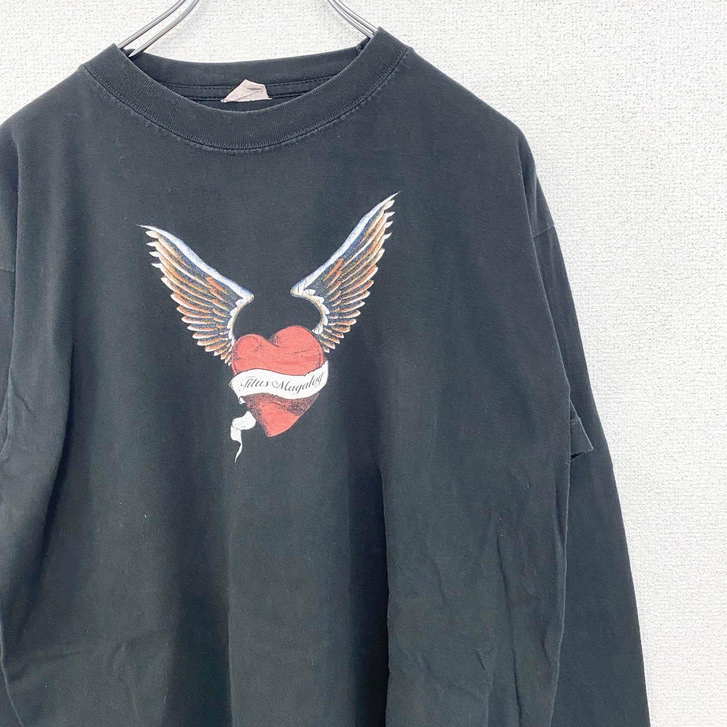 古着 used　ノーブランド　長袖デザインTシャツ　ハートエンジェル　カジュアル　クルーネック　黒　ブラック　レトロ　Lサイズ