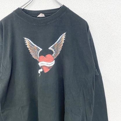 古着 used　ノーブランド　長袖デザインTシャツ　ハートエンジェル　カジュアル　クルーネック　黒　ブラック　レトロ　Lサイズ