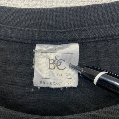 古着 used　B&C ビー&シー　半袖ダメージプリントTシャツ　カジュアル　黒　ブラック　クルーネック　レトロデザイン　Lサイズ