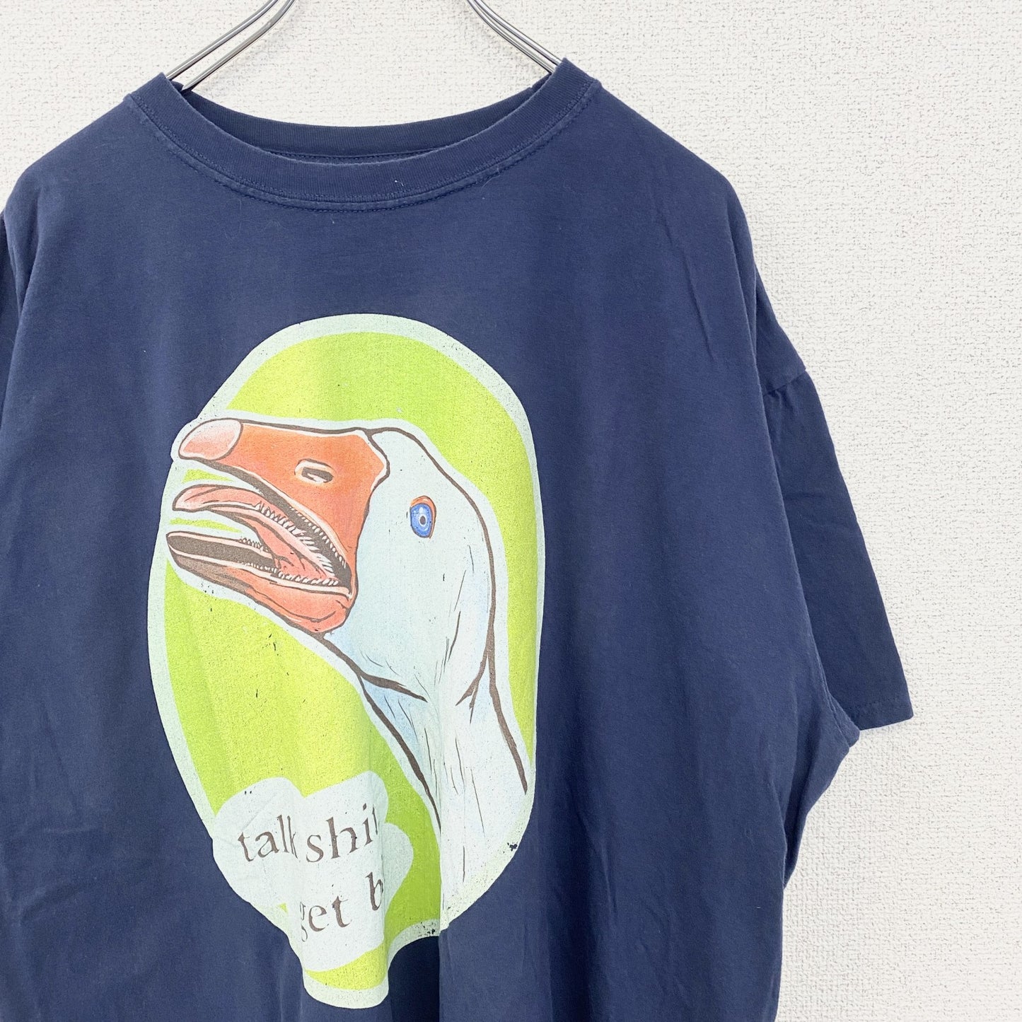 古着 used　ノーブランド　半袖デザインプリントTシャツ　アヒル　ビッグT　ネイビー　レトロ　個性的　クルーネック　XLサイズ