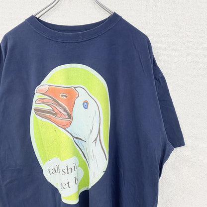 古着 used　ノーブランド　半袖デザインプリントTシャツ　アヒル　ビッグT　ネイビー　レトロ　個性的　クルーネック　XLサイズ