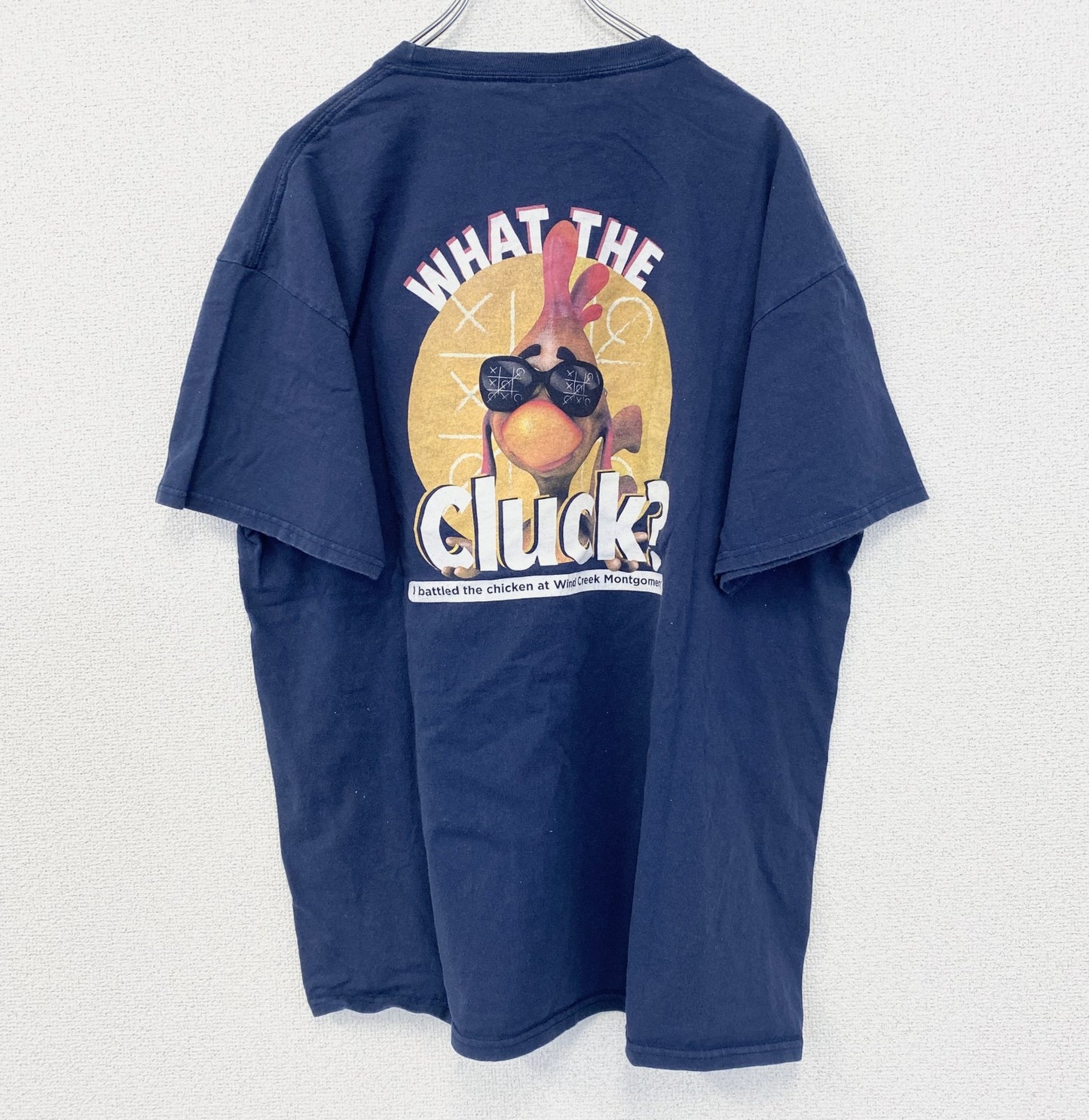 古着 used　PORT＆COMPANY　半袖デザインプリントTシャツ　チキン　鳥　ビッグT　ネイビー　クルーネック　XLサイズ