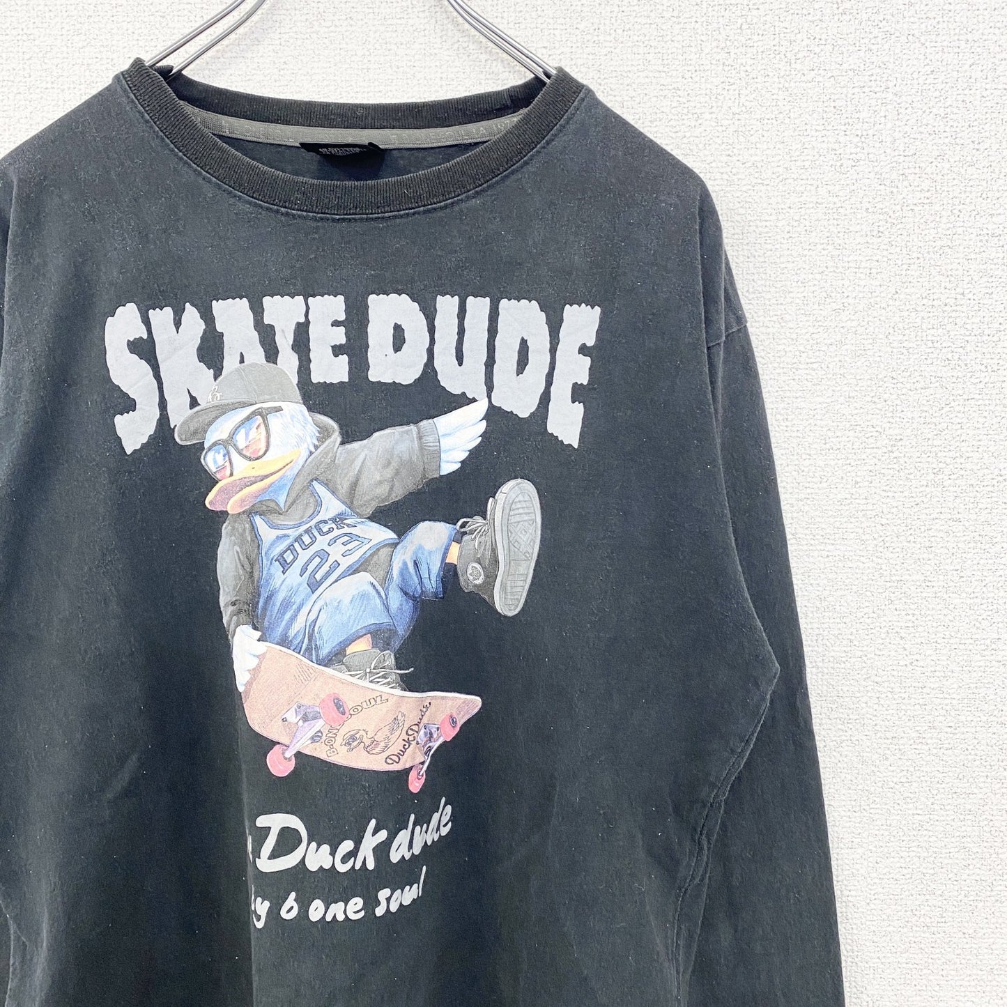 古着 used B ONE SOUL ビー ワン ソウル　長袖デザインTシャツ　ダックデュード　クルーネック　黒　Lサイズ