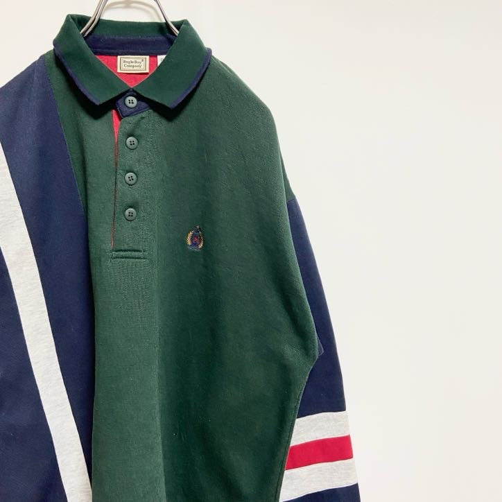 古着 used　BugleBoy ビューグルボーイ　長袖ワンポイントロゴ刺繍ポロシャツ　緑　グリーン　レトロデザイン　XLサイズ